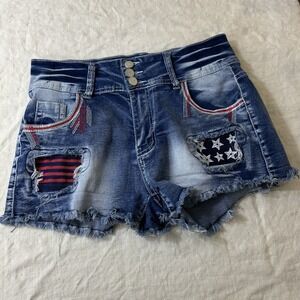 Patriotic Cutoff Jean Shorts Women's Size L Blue Distressed Denim American Flag